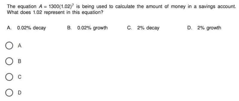 Need help quickly! The equation A = 1300(1.02)^7 is being used to calculate the amount-example-1