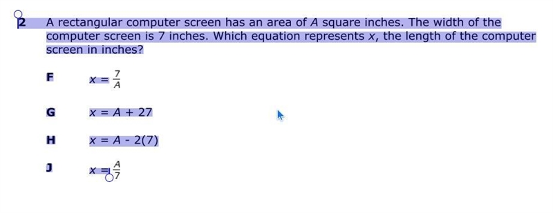 2 A rectangular computer screen has an area of A square inches. The width of the computer-example-1