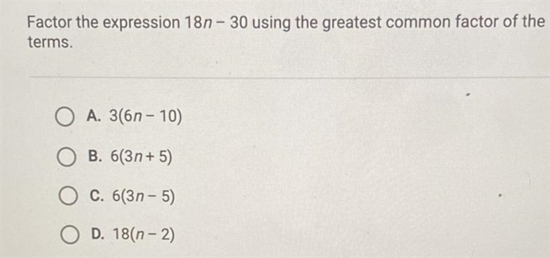 Factor the expression 18n - 30 using the greasy common factor of the terms-example-1