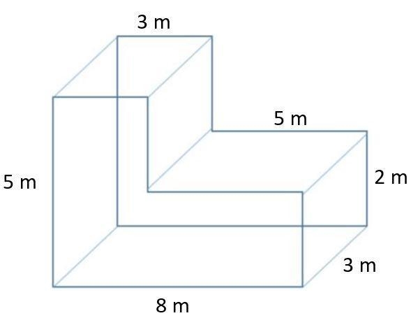 Find the volume of the complex figure below. Break this into two separate rectangles-example-1