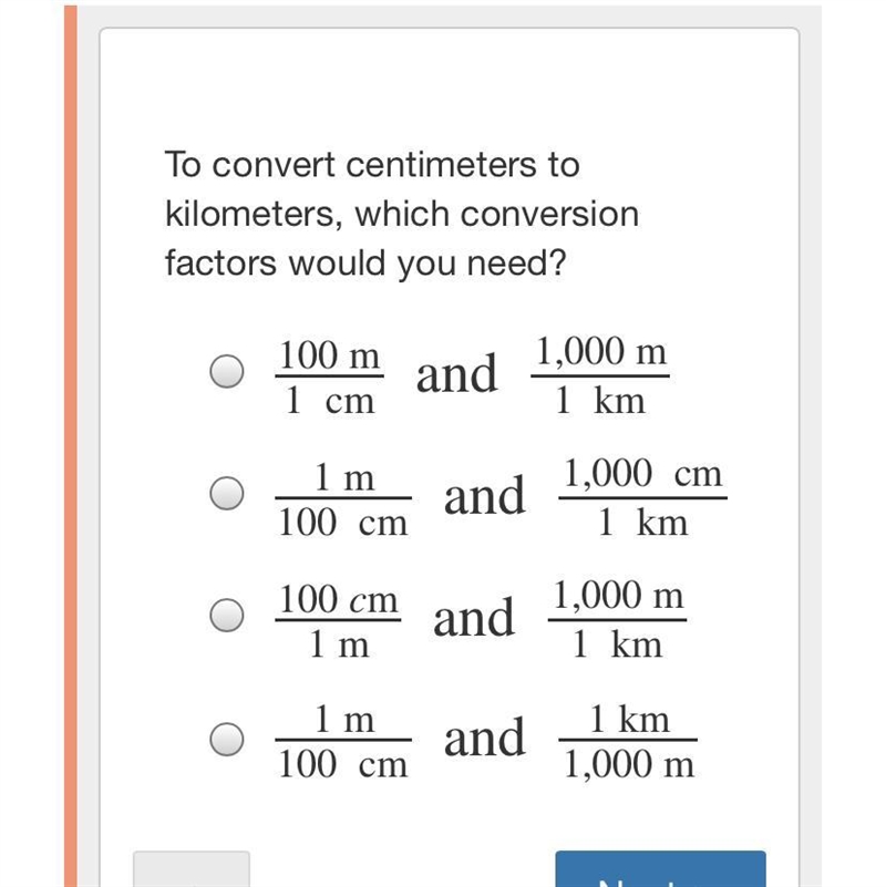 To convert centimeters to kilometers, which conversion factors would you need?-example-1