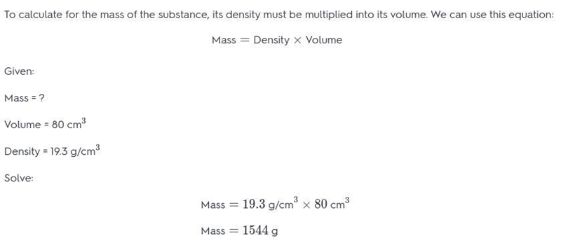 A small bar of pure gold whose density is 19.3g/cm. Displaces 80 cm-example-2