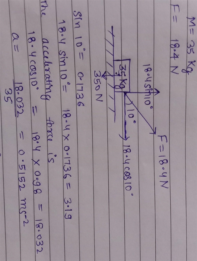 ou are pulling a 35 kg object with 18.4 N force which is oriented at 10 degree with-example-1