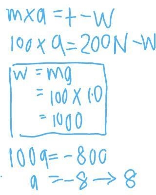 The object has a mass of 100kg. The Tension is 200N[U]. What is the acceleration of-example-1