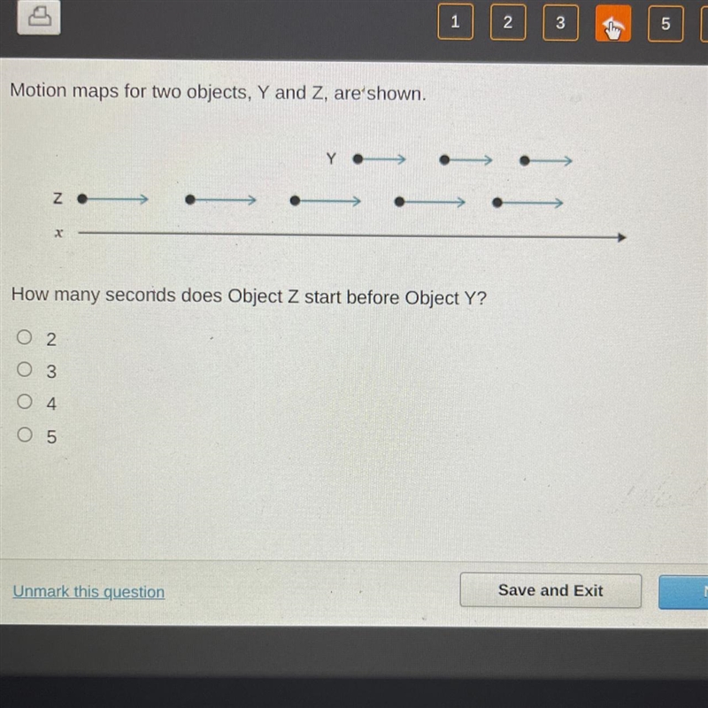 Motion maps for two objects, Y & Z, are shown. How many seconds does Object Z-example-1