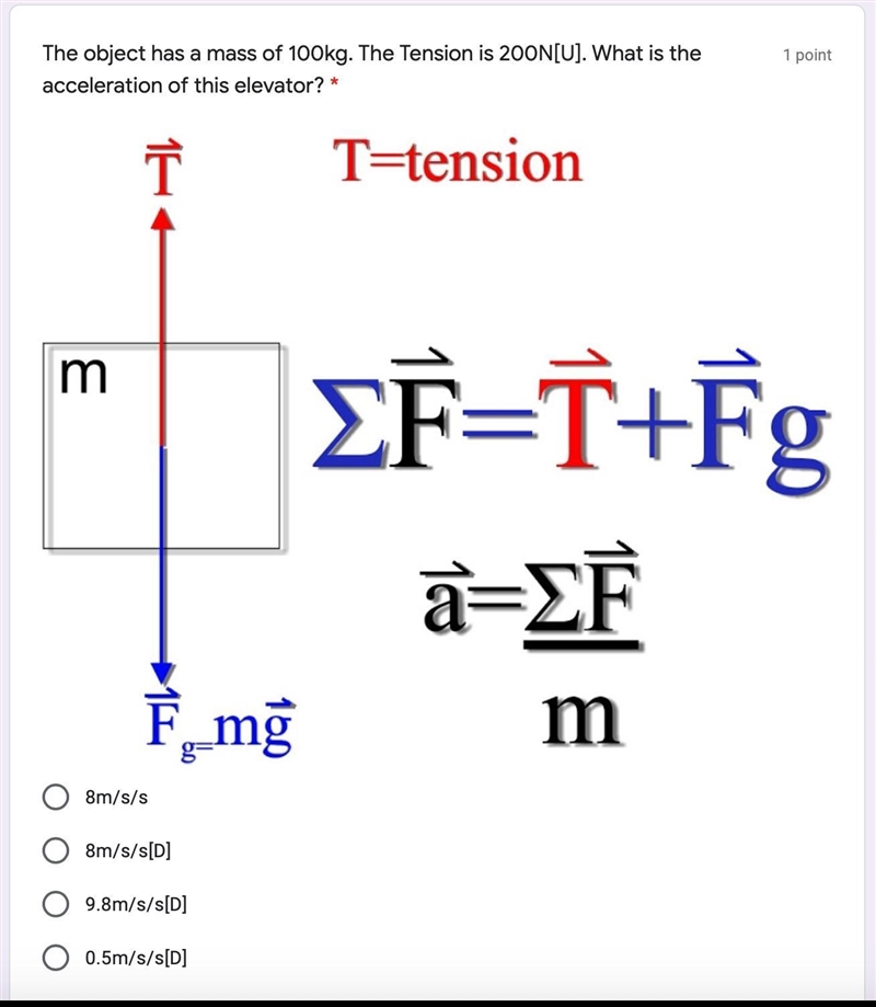 The object has a mass of 100kg. The Tension is 200N[U]. What is the acceleration of-example-1