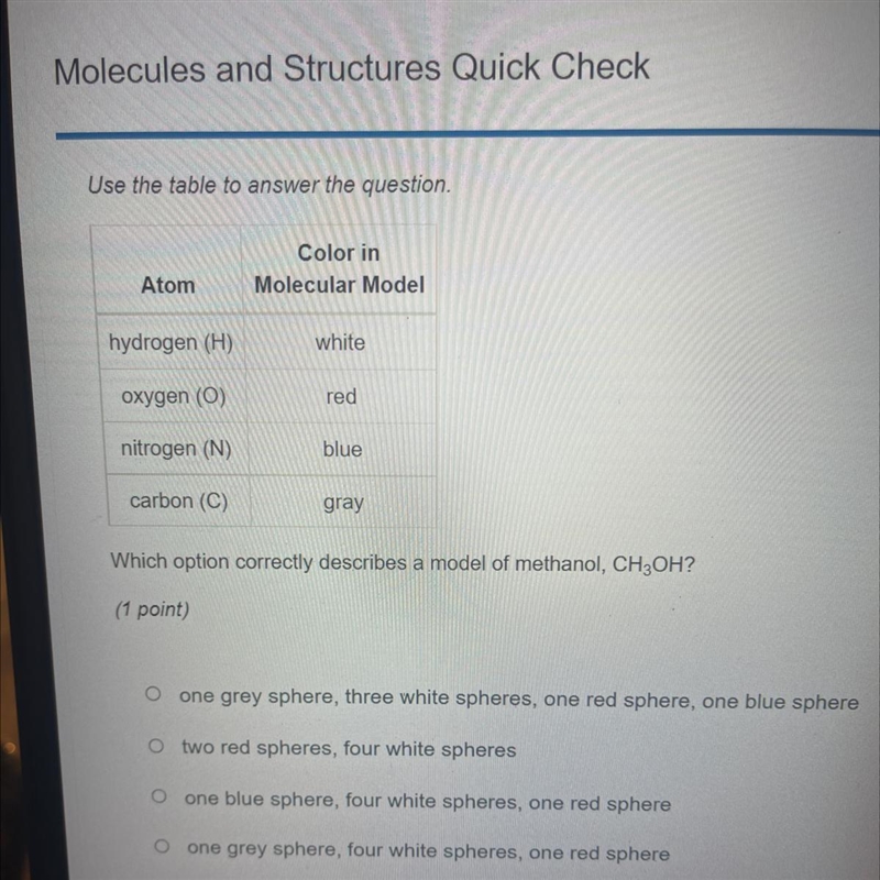 Which option correctly describes a model of methanol. URGENT-example-1