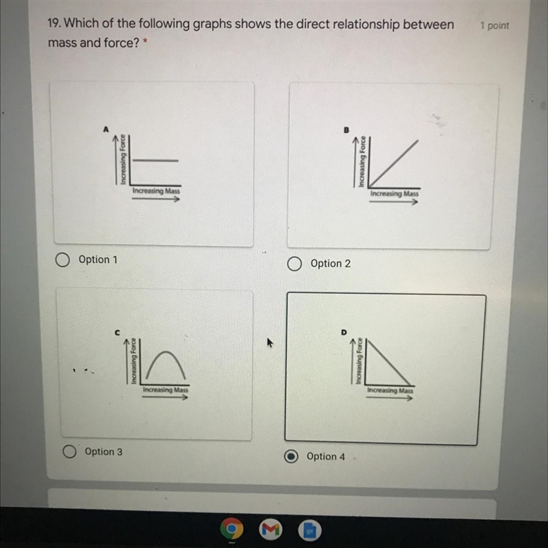 PLEASE HELP which of the following graphs show the direct relationship between mass-example-1