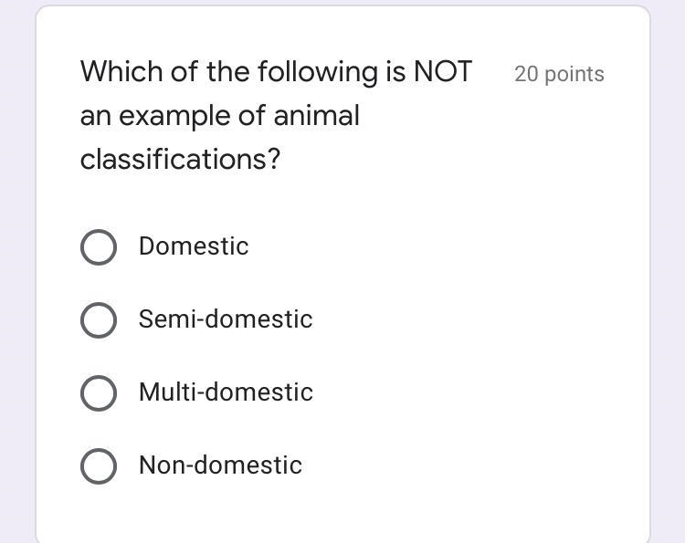 Which of the following is NOT and example of animal classifications?-example-1