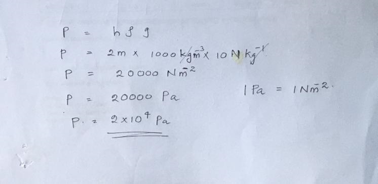 Calculate the pressure increase at the bottom of a pool of depth 2m. Density of water-example-1