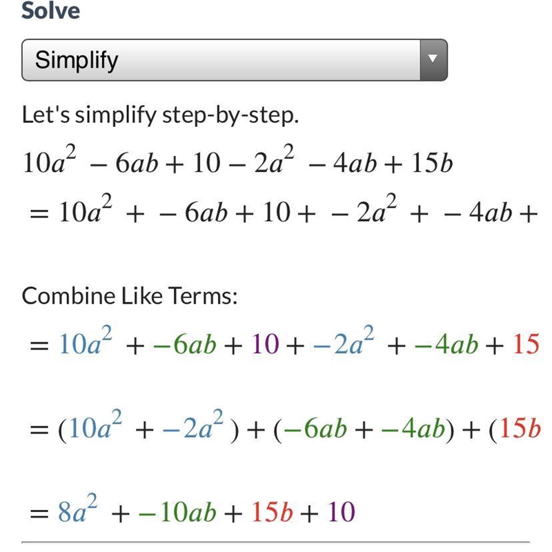 Whats the answer to 10a² - 6ab + 10 -2a² - 4ab +15b?​-example-1