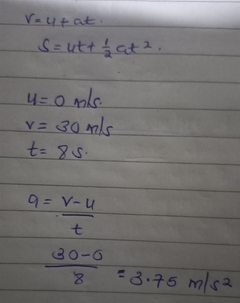 A car accelerates from 0 to 30 m/s in 8 seconds. What is its acceleration?-example-1