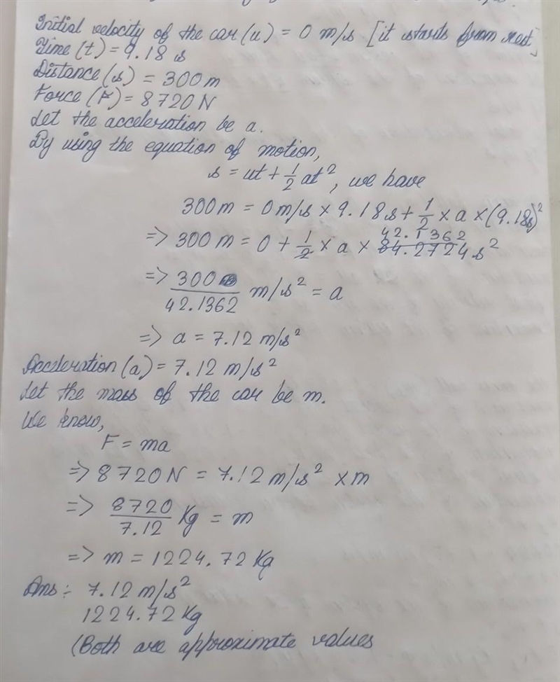 Starting from rest, a racecar applies a force of 8720 N which causes the car to accelerate-example-1