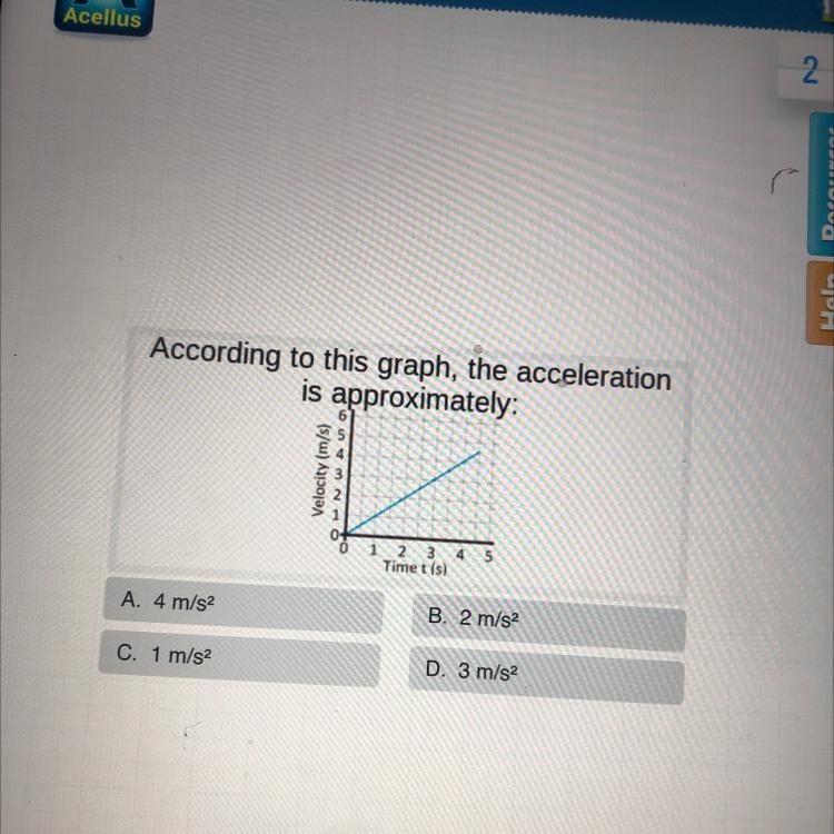 According to this graph, the acceleration is approximately: Velocity (m/s) MN 0 1 2 3 4 Time-example-1