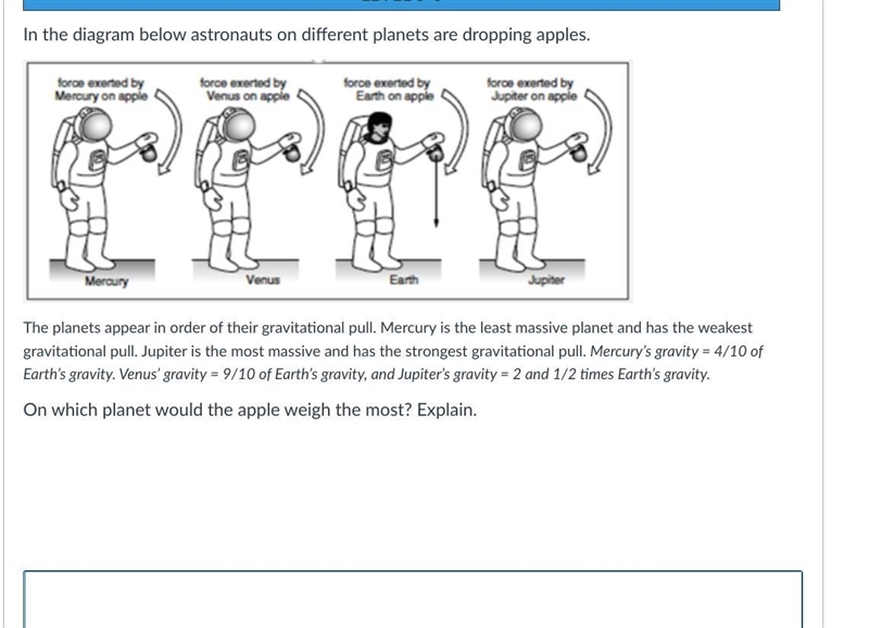 In the diagram below astronauts on different planets are dropping apples.-example-1