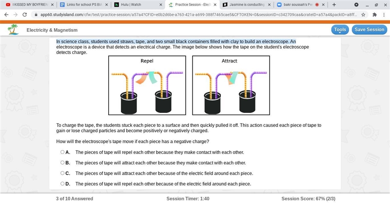 How will the electroscope's tape move if each piece has a negative charge?-example-1