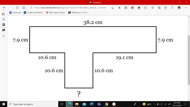 The perimeter of the figure below is 113.7 cm. Find the length of the missing side-example-1