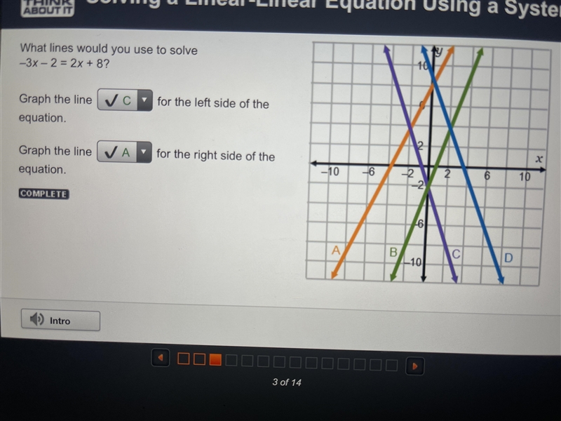 What lines would you use to solve –3x – 2 = 2x 8? Graph the line for the left side-example-1