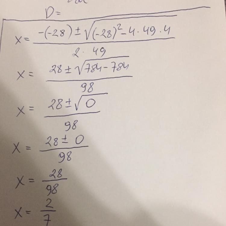 Describe the nature of the roots for the equation 49x^2-28x+4=0.-example-1