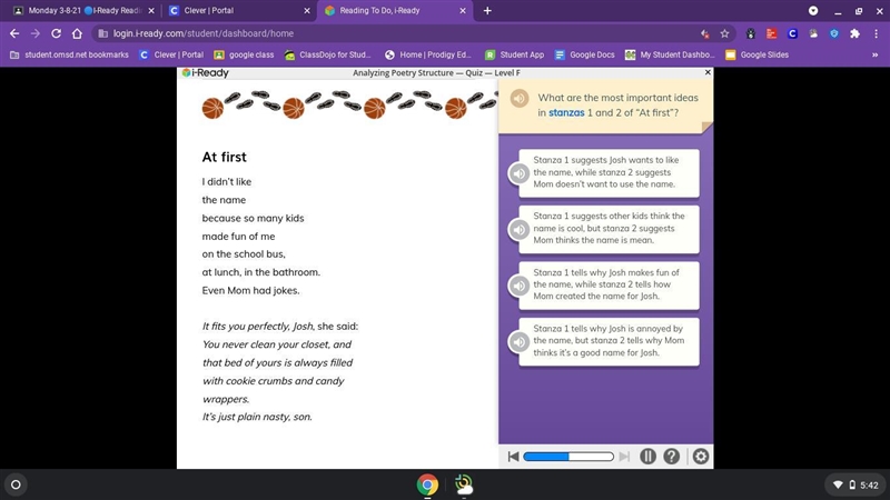 What are the most important ideas in stanza 1 and 2 of "At first"?-example-1