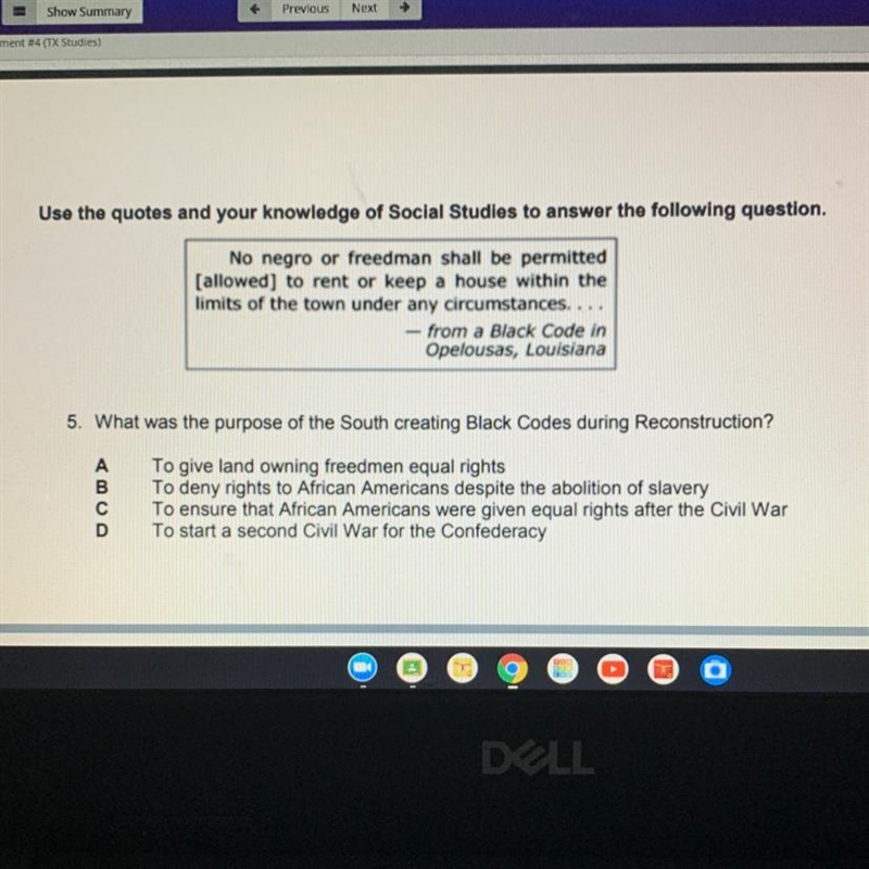 What was the purpose of the south creating black codes during reconstruction?-example-1