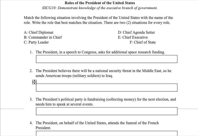 Pls help!! Match the following situation involving the President of the United States-example-1