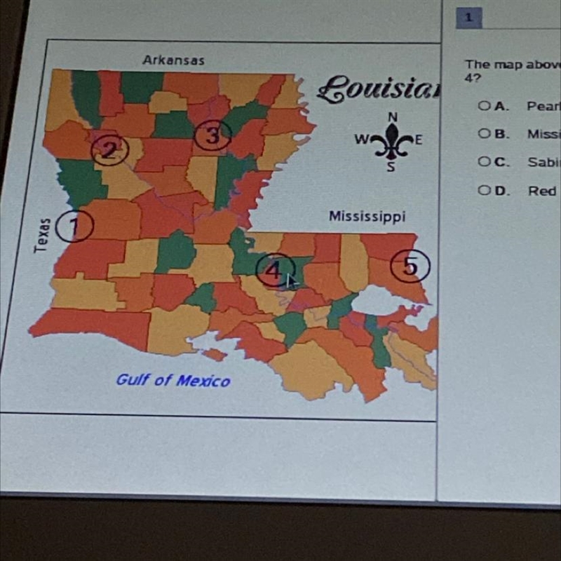 The map above shows five important rivers in Louisiana. What is the name of the river-example-1