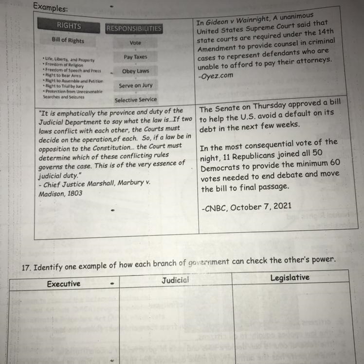 Identify one example of how each branch of government can check the others power.-example-1