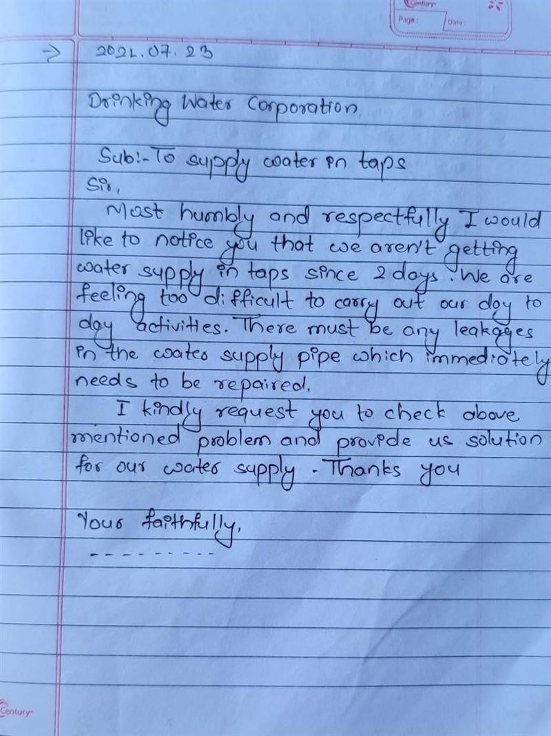 write a letter to the drinking water corporation requesting them to check the water-example-1