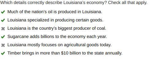 Which details correctly describe Louisiana's economy? Check all that apply. Much of-example-1