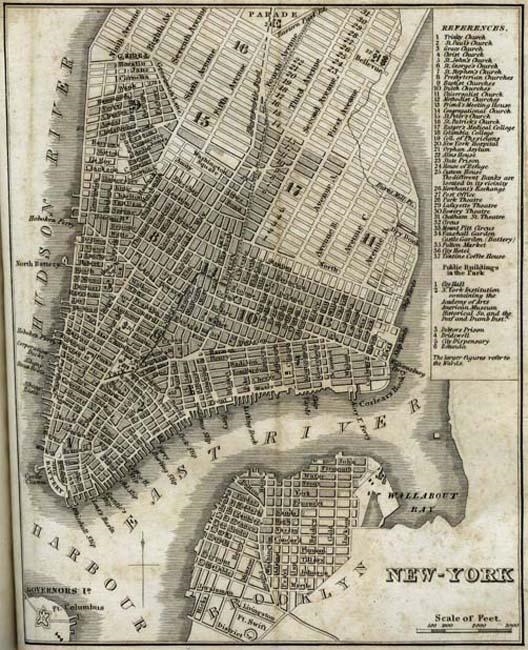 This is a map of New York from 1842. The map shows a scale stating that one inch equals-example-1