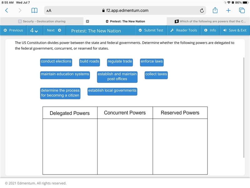 The US Constitution divides power between the state and federal governments. Determine-example-1