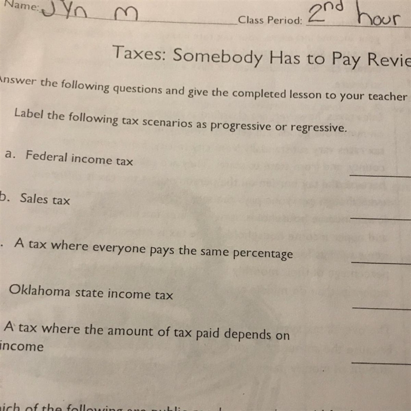 Label the following tax scenarios as progressive or regressive-example-1