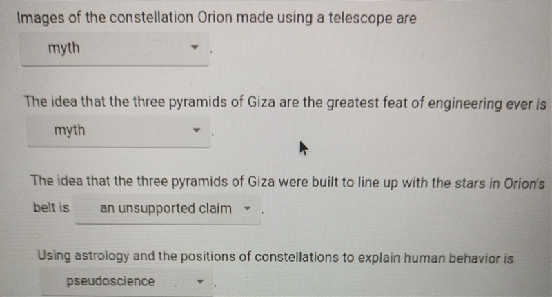 The options are myth science pseudoscience for first question option on myth science-example-1