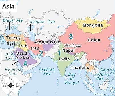 Which number on the map shows the approximate location of the end of the Aryan migration-example-1