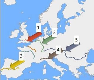 A map of European rivers. Rivers are labeled 1, 2, 3, 4, and 5. 1 is in the United-example-1