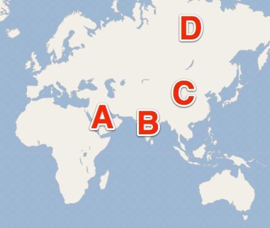 Which letter best represents the location of the Taklamakan desert a b c d-example-1