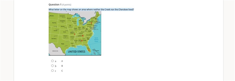 What letter on the map shows an area where neither the Creek nor the Cherokee lived-example-1