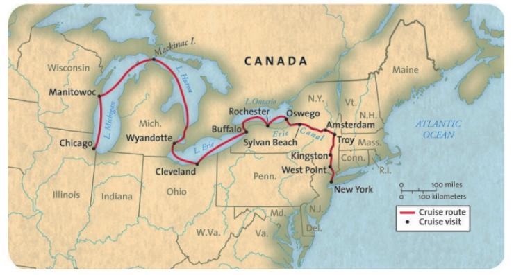 Using the map below what bodies of water were connected by the Erie Canal?-example-1