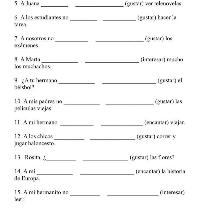 Gusta and verbs like Gustar fill in the blanks with the correct indirect object pronoun-example-1