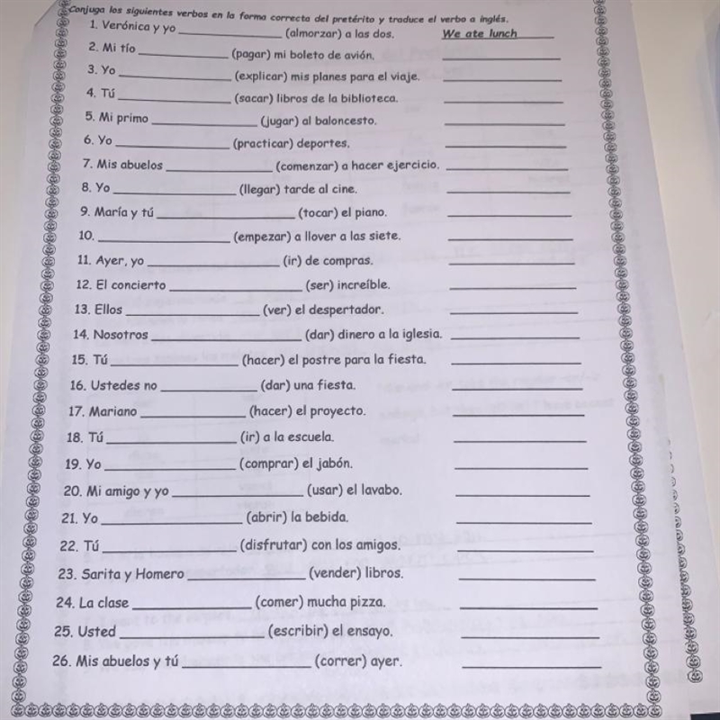 5. Mi primo Conjuga los siguientes verbos en la forma correcta del pretérito y traduce-example-1