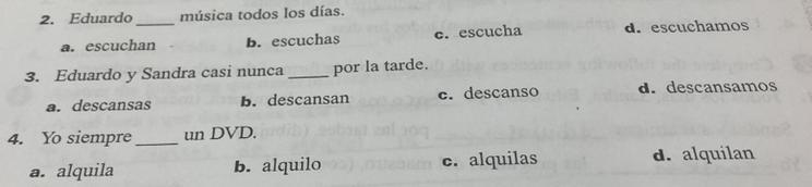 Sandra and Eduardo do many things. Choose the verb that best completes each sentence-example-1