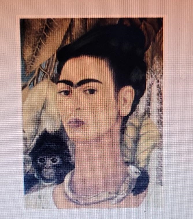 Look at the painting Self Portrait with Monkey by Frida Kahlo. Describe this work-example-1