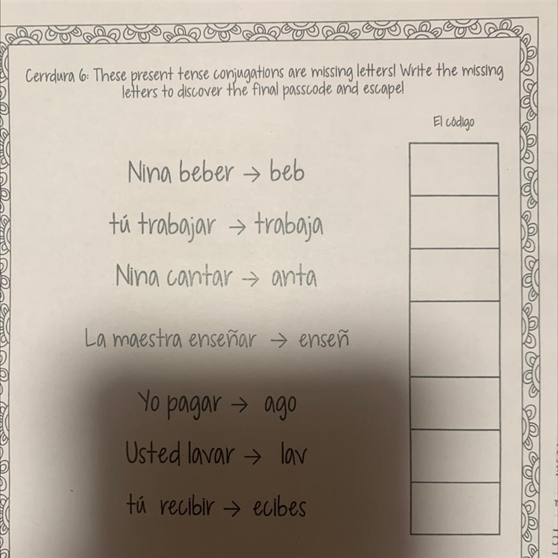 These present tense conjugations are missing letters ! Write the missing letters to-example-1