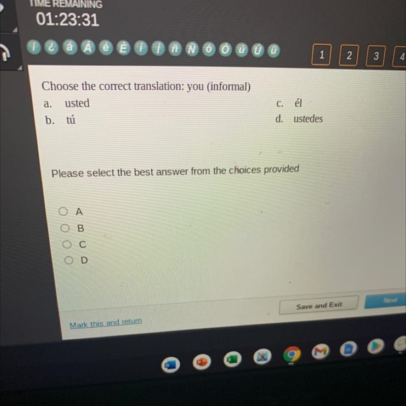 Choose the correct translation: you (informal) a. usted b. tú C. él d. ustedes Please-example-1