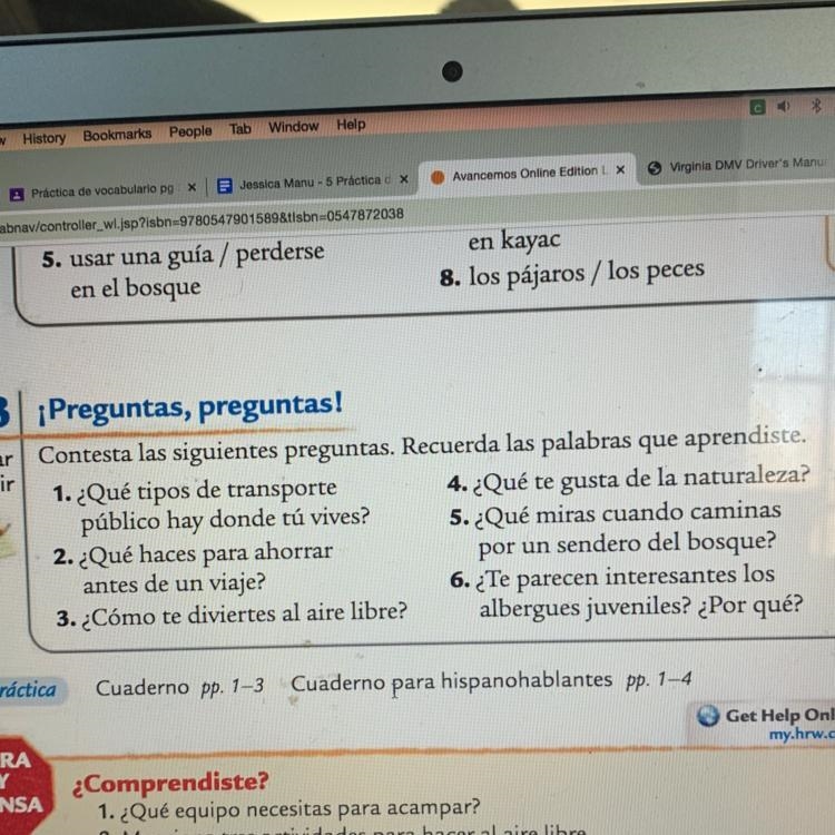 Contesta las siguientes preguntas. Recuerda las palabras que aprendiste. Escribir-example-1