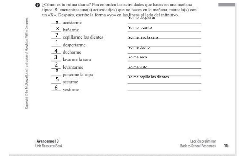 Conjugations: me acuesto, me baño, me cepillo los dientes, me despierto, me ducho-example-1