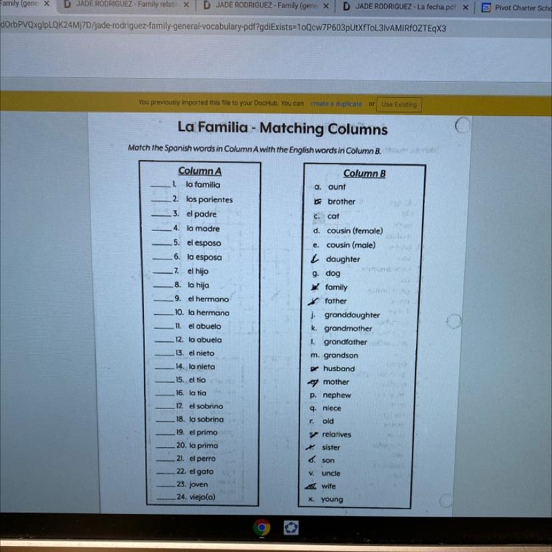 La Familia - Matching Columns Match the Spanish words in Column A with the English-example-1