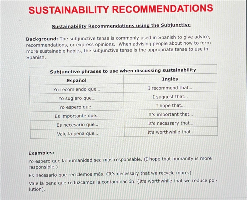 assignment: write down seven things we can do to help the environment using the subjunctive-example-1