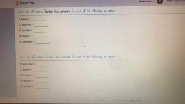 Write the affermative familiar (tú) command for each of the following -ar verbs: 1. bailer-example-1